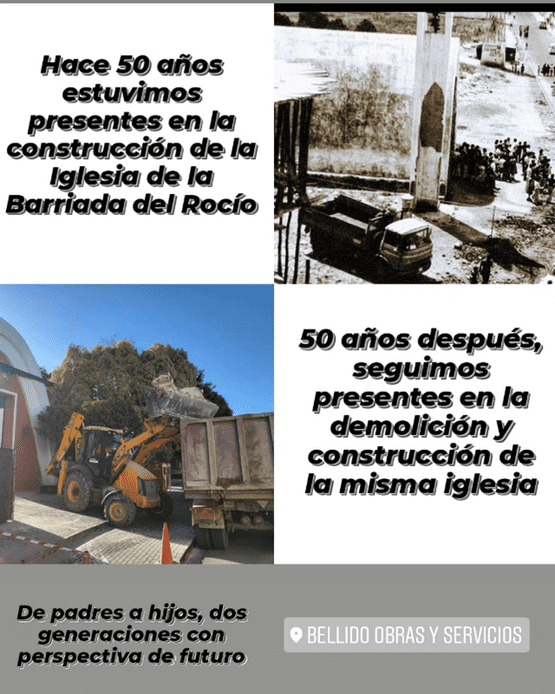Collage: construcción histórica y posterior demolición de una iglesia, con una retroexcavadora y subtítulos en español.
