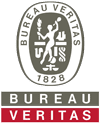 Logotipo de Bureau Veritas con un sello circular y una marca denominativa rectangular roja.