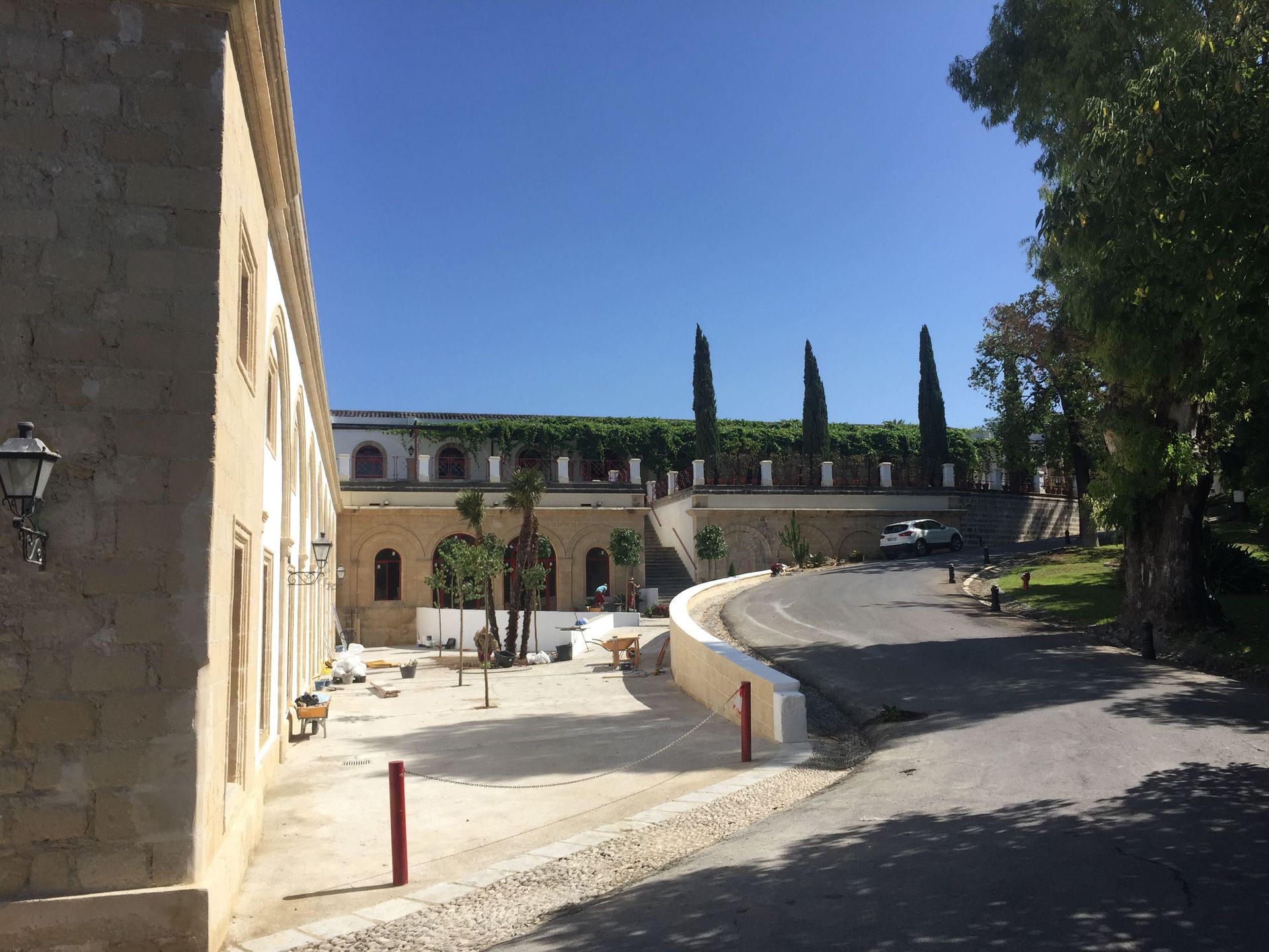 Edificio de piedra y calzada en un día soleado. Árboles altos y delgados bordean el edificio.