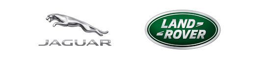 Logotipos de los automóviles Jaguar y Land Rover. Jaguar es plateado, Land Rover es verde y blanco.