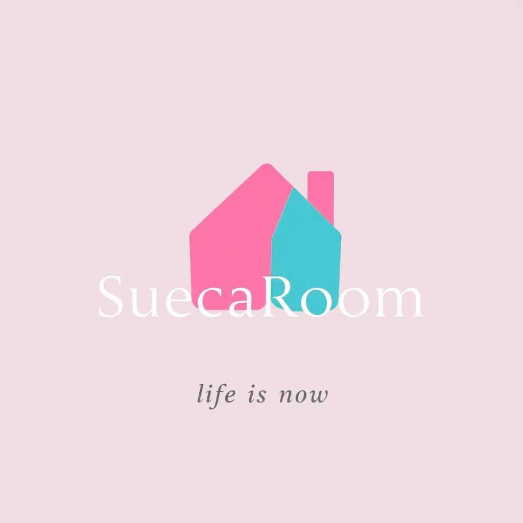 Logotipo de SuecaRoom con un icono de casa rosa y turquesa sobre un fondo rosa pálido, eslogan “la vida es ahora”.