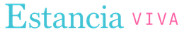 Logotipo de Estancia Viva con icono de casa rosa y turquesa sobre fondo rosa p&aacute;lido, eslogan &ldquo;la vida es ahora&rdquo;.