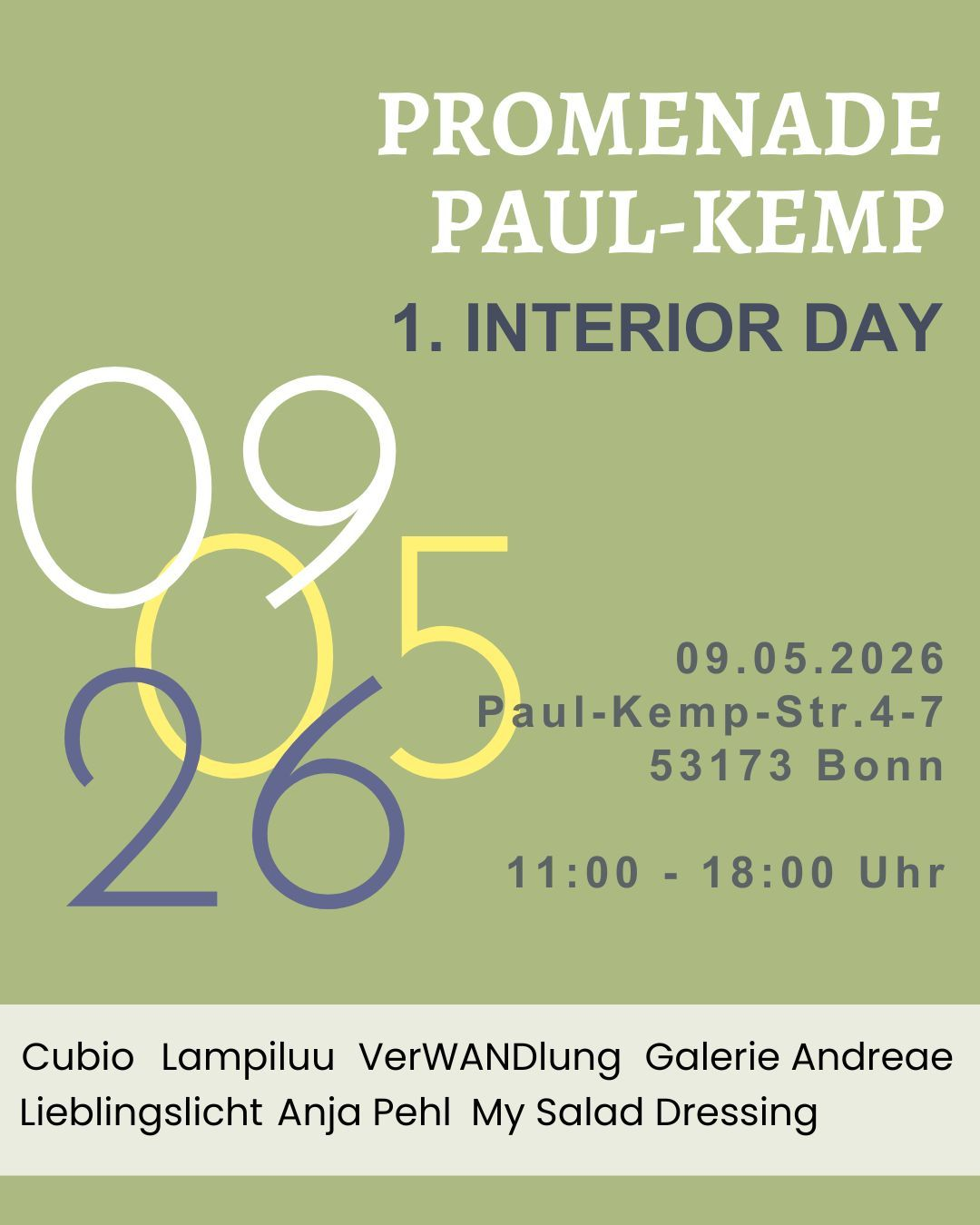 Veranstaltungsplakat Promenade Paul-Kemp, 1. Interior Day, mit Datum 09.05.2026 in Olivgrün, Weiß und Blau.