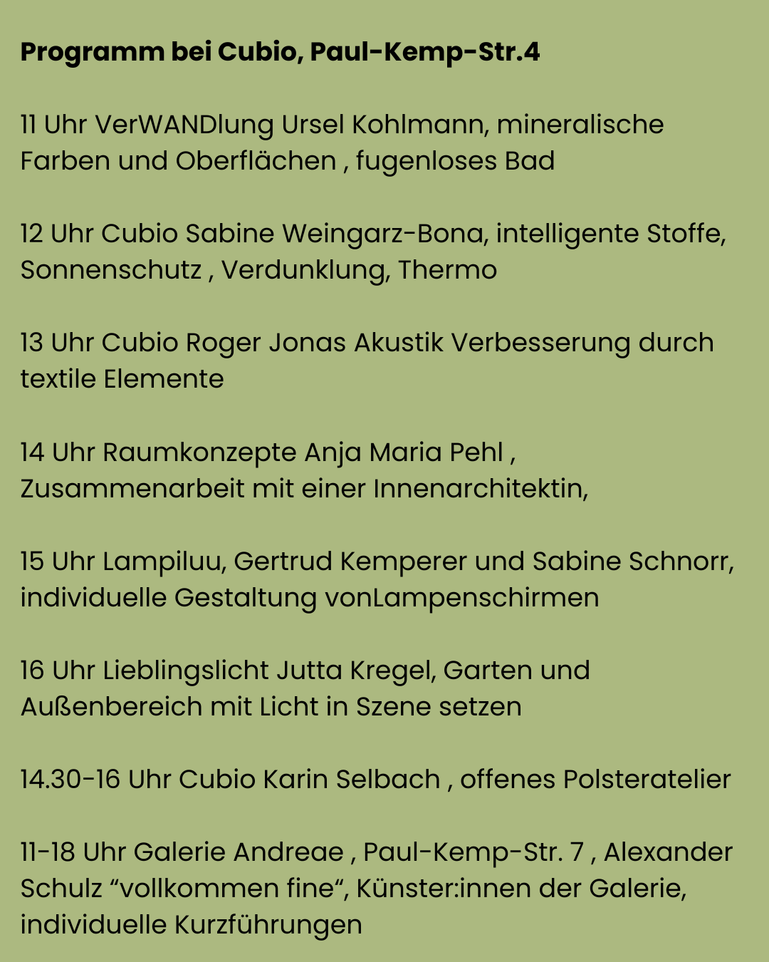 Ein deutscher Veranstaltungsflyer mit Workshop-Liste und Terminen auf gelbgrünem Hintergrund.