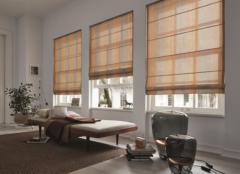 Ein Wohnzimmer mit Sofa, Sessel und Rollos an den Fenstern.