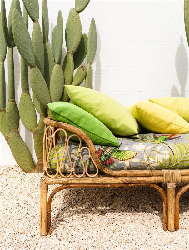 Ein Korbsofa mit grünen Kissen und einem Kaktus im Hintergrund