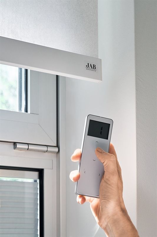 Eine Person hält eine Fernbedienung vor einem Fenster