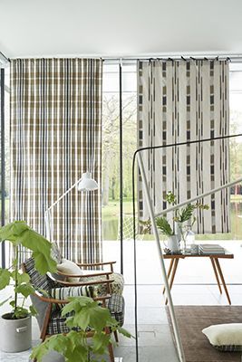 Ein Wohnzimmer mit Couch, Sessel, Lampe und Topfpflanzen.