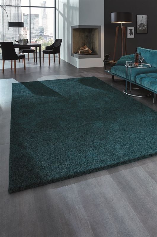 Ein Wohnzimmer mit einer blauen Couch und einem grünen Teppich