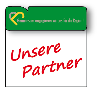 Deutsches Banner mit der Aufschrift „Unsere Partner“, grüne Kopfzeile und kleines Herzlogo, „Gemeinsam engagieren wir uns für die Region!“