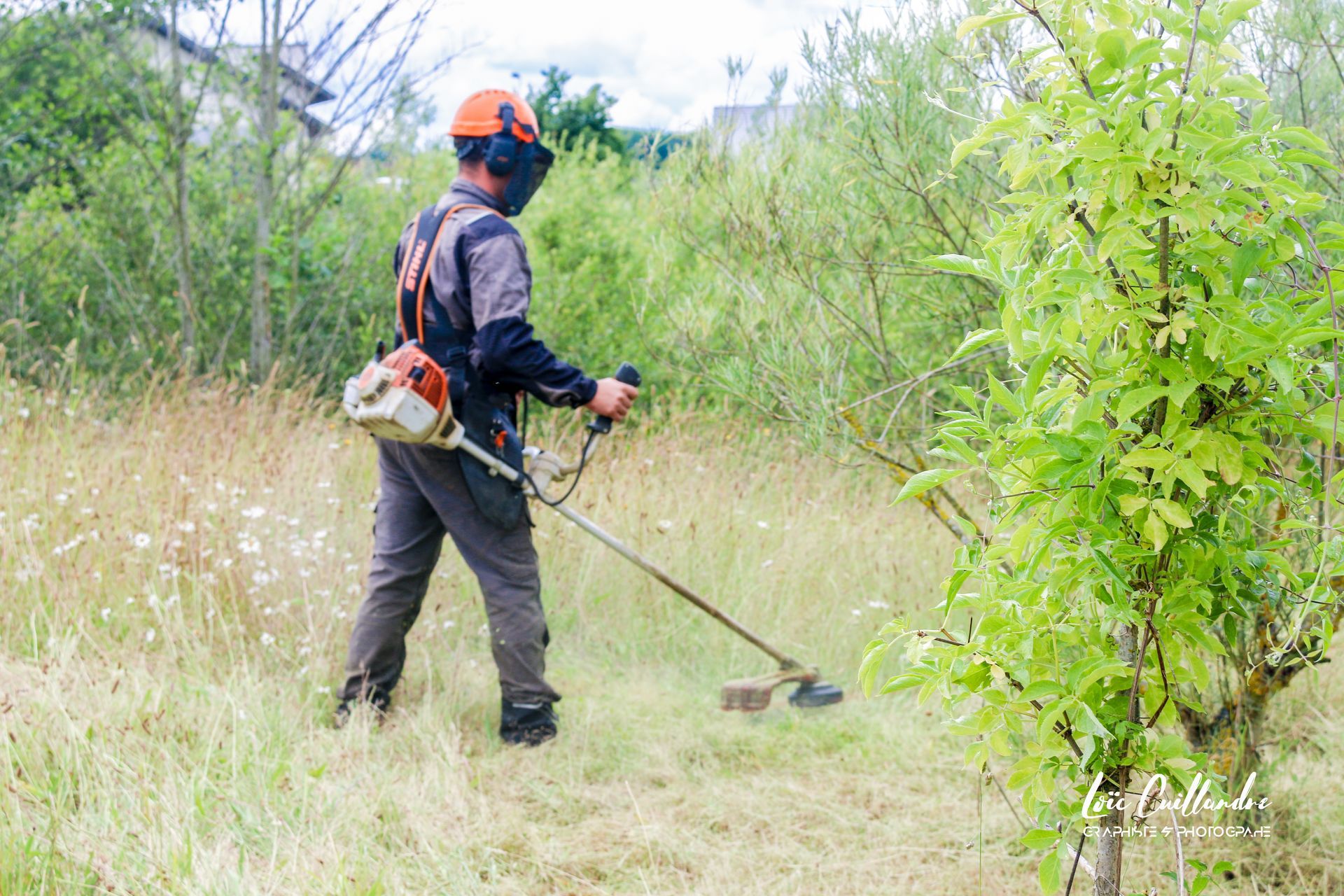 Homme entretenant un espace vert en coupant les herbes hautes