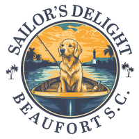 A dog is sitting in a boat with a fishing rod.