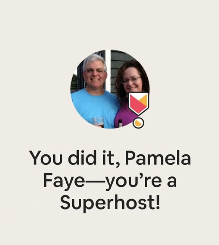 A picture of a man and woman with the words you did it pamela faye you 're a superhost