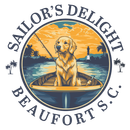 A dog is sitting in a boat with a fishing rod.