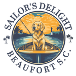 A dog is sitting in a boat with a fishing rod.