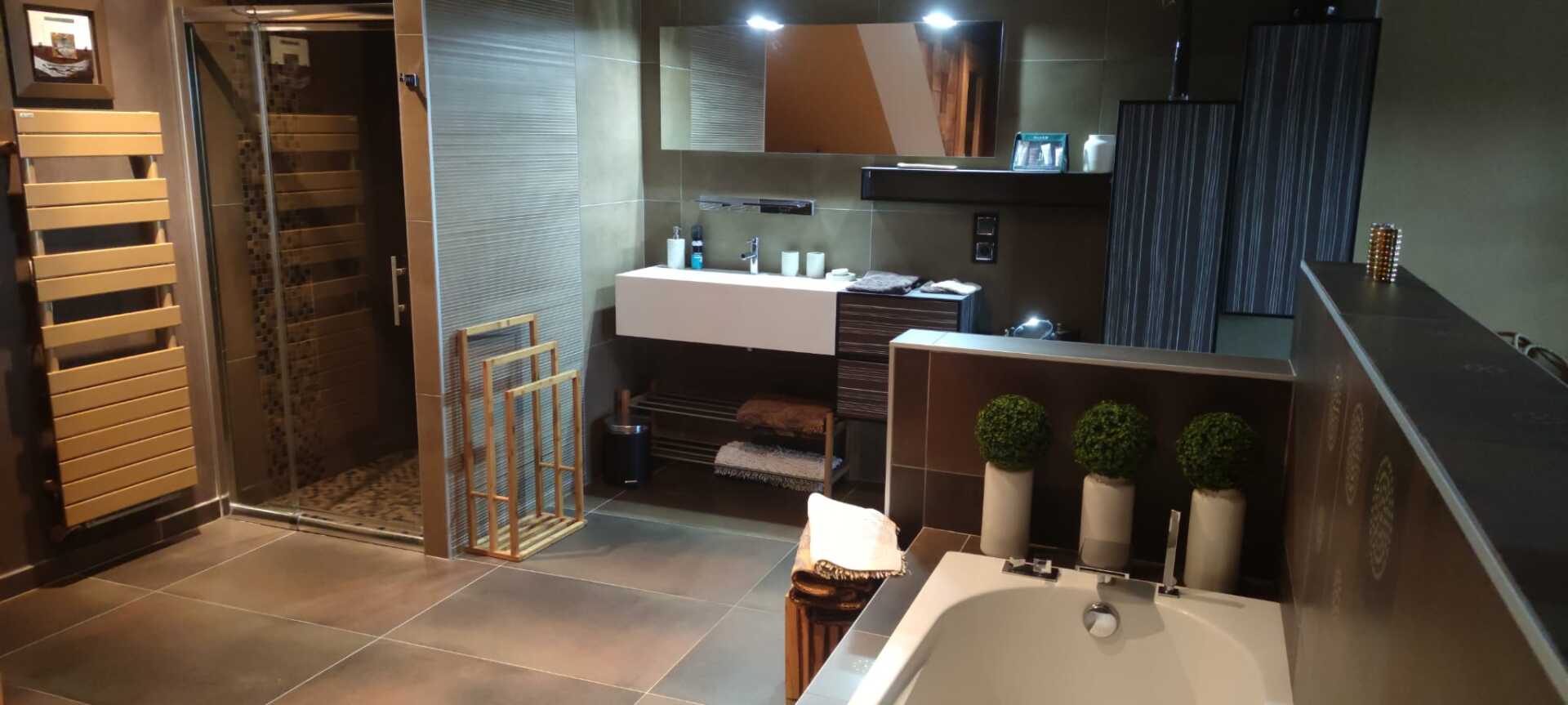 Salle de bains avec douche, robinet et baignoire