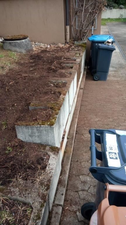 Neben einer Backsteinmauer stehen ein paar Mülltonnen.