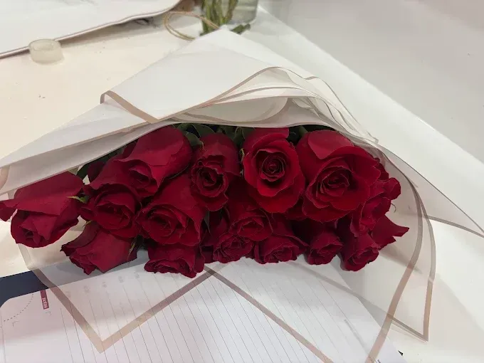 Rosas rojas envueltas en papel blanco sobre una superficie clara