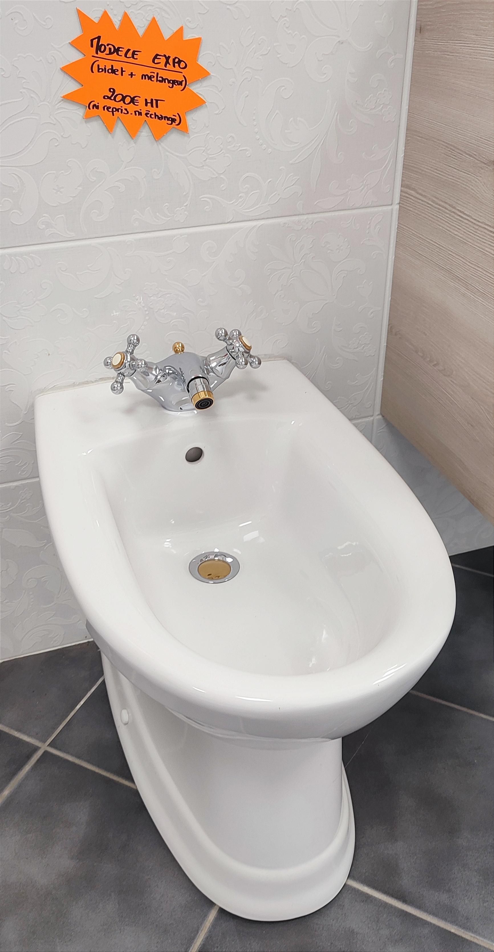 Bidet blanc avec robinetterie argentée et dorée