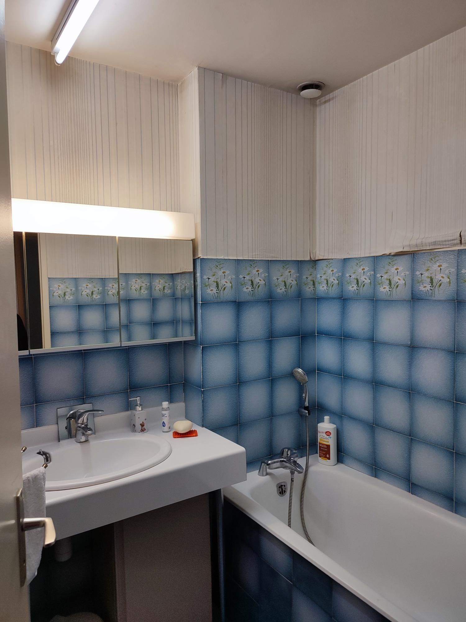 Salle de bains bleue vétuste