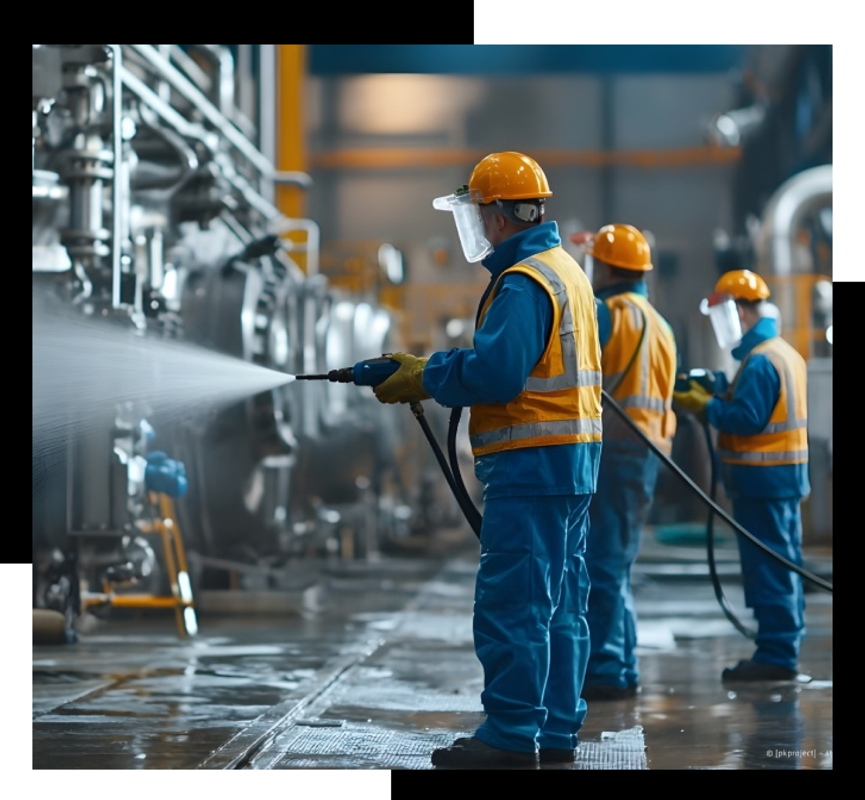 Schneepflug räumt nachts eine verschneite Straße, Scheinwerfer eingeschaltet, orangefarbene Klinge schiebt Schnee.
