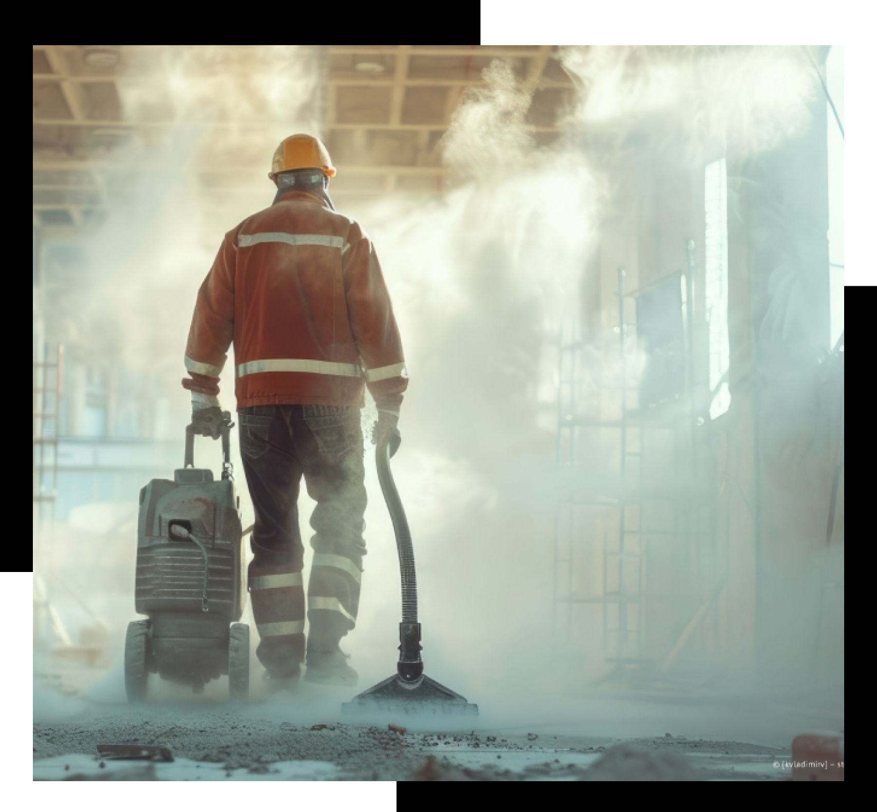 Arbeiter in Schutzkleidung reinigen Industriemaschinen mit Wasserschläuchen.