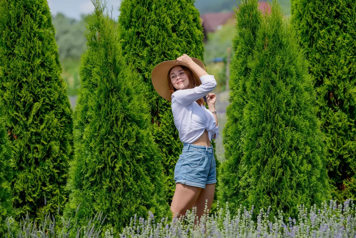 Persona posando con sombrero de paja y pantalones cortos vaqueros entre altos árboles verdes y flores de lavanda.