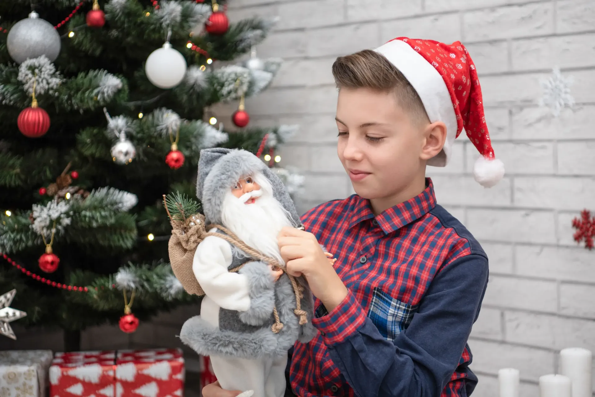 Un niño con gorro de Papá Noel sostiene un gato gris junto a un árbol de Navidad decorado.