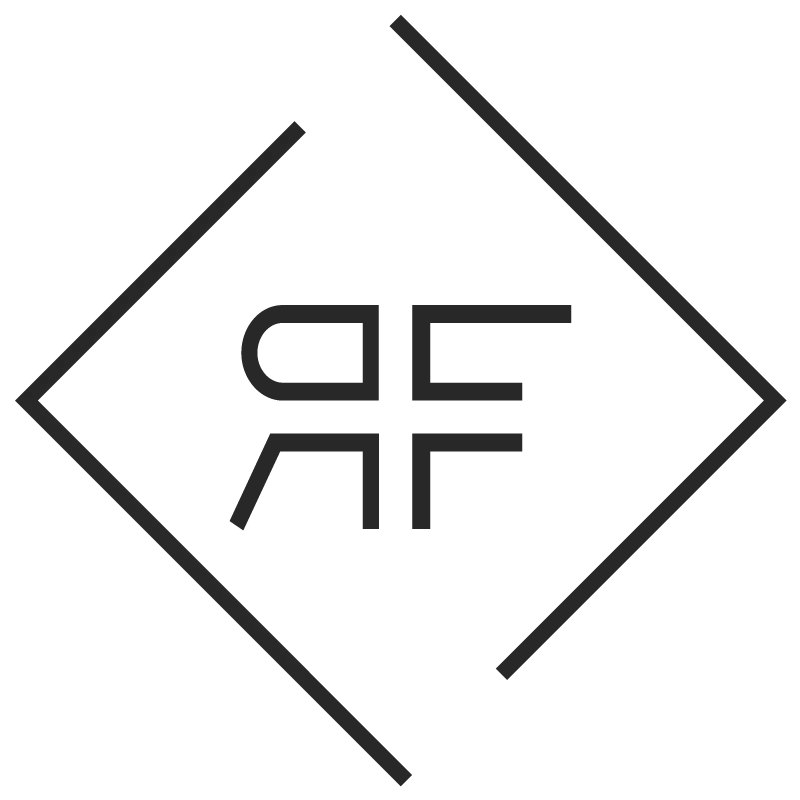 Logotipo geométrico de diamante negro con las letras “RF” estilizadas en el centro.