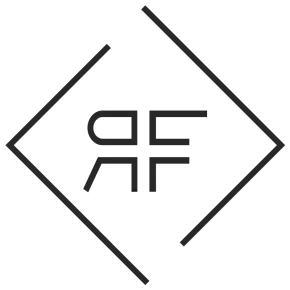 Logotipo geom&eacute;trico de diamante negro con las letras &ldquo;RF&rdquo; estilizadas en el centro.