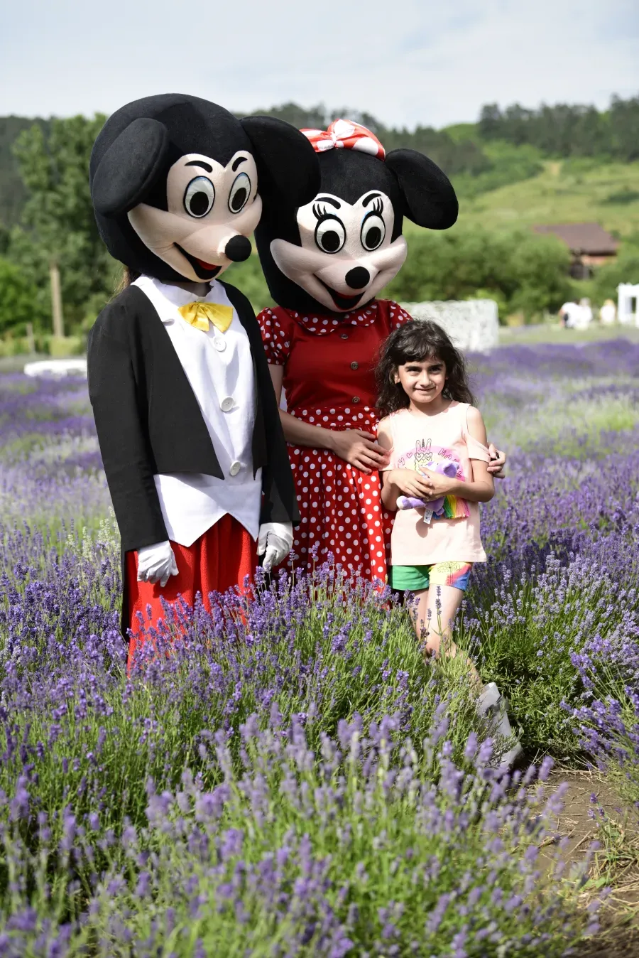 Dos personajes disfrazados se encuentran en un campo de lavanda con una niña pequeña frente a ellos.