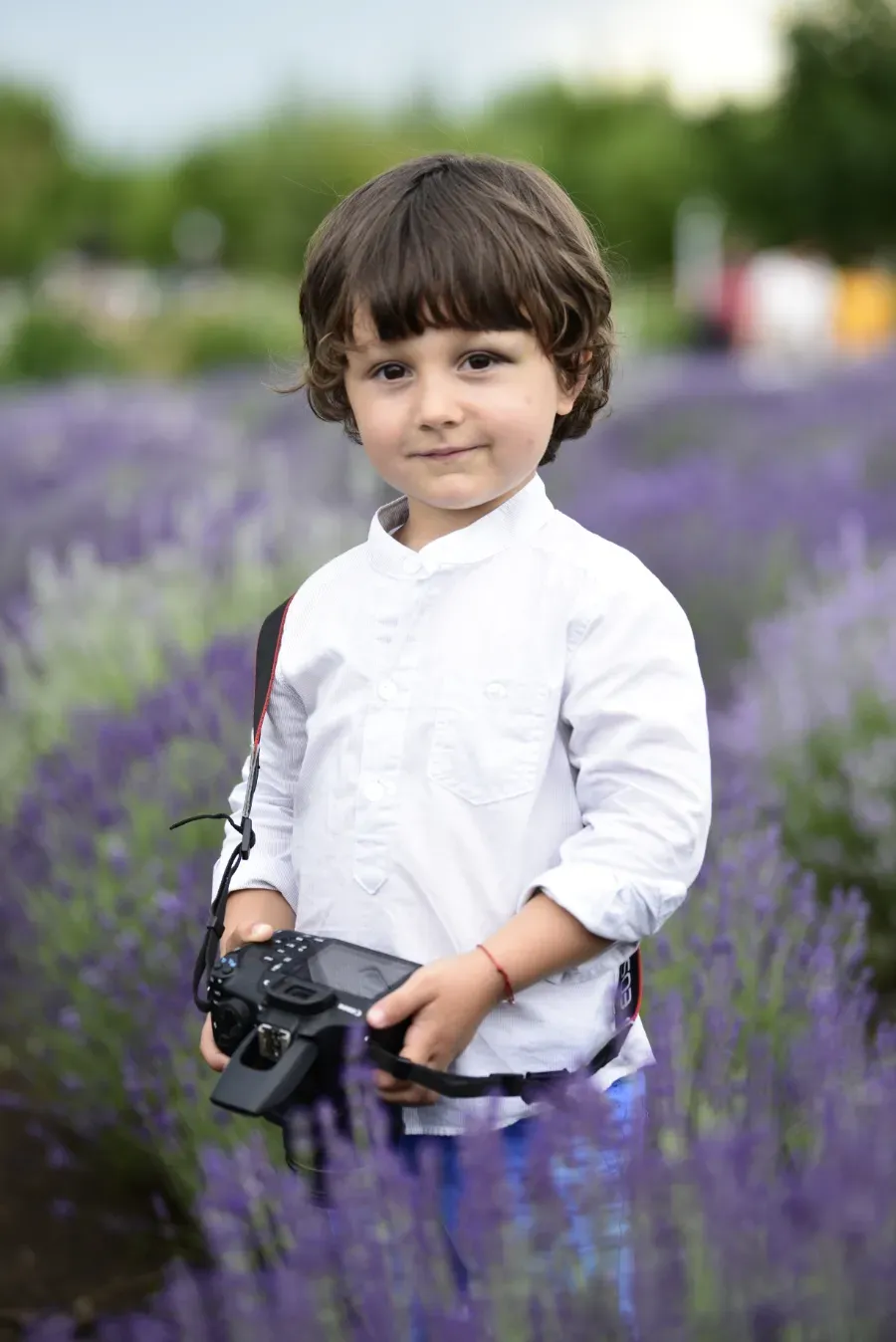 Niño con camisa blanca sosteniendo una cámara en un campo de lavanda.