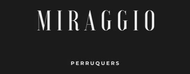Logotipo para Miraggio, Perruquers en texto blanco sobre fondo negro.