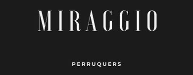 Logotipo para Miraggio, Perruquers en texto blanco sobre fondo negro.