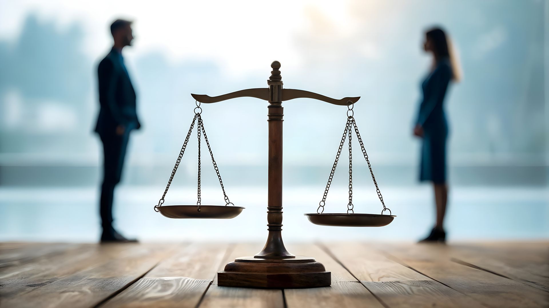 Balance de la justice avec un homme et une femme se tenant séparés en arrière-plan.