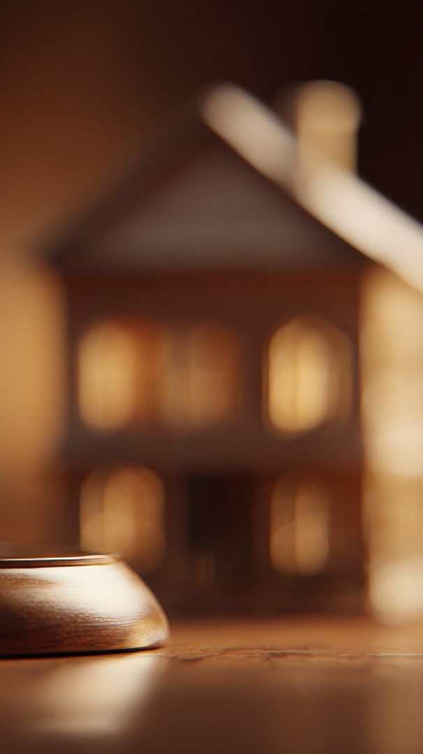 Maillet en bois au premier plan, maison floue à l'arrière-plan.