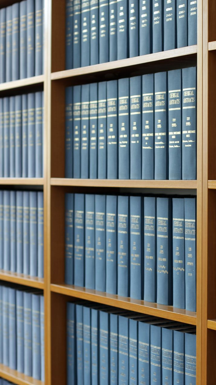 Des étagères remplies de livres bleus à lettres dorées, dans une armoire en bois.