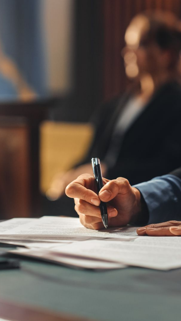 Une main tenant un stylo signe des documents à une table. Une autre personne est floue en arrière-plan.