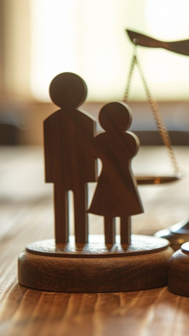 Figurines en bois représentant un couple, devant une balance, sur une surface en bois.