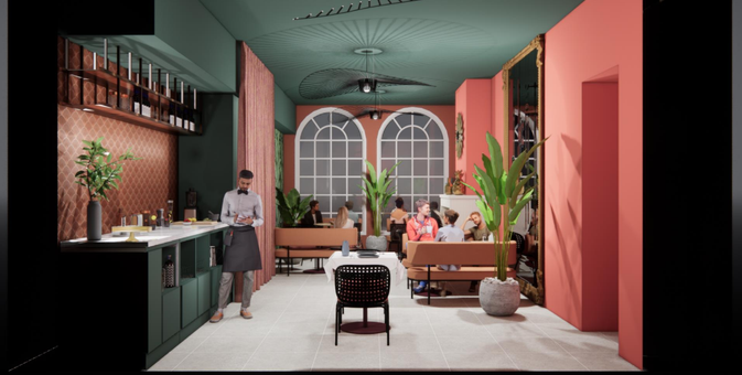 Interieur van een restaurant met gasten, een ober, een bar, boogramen en roze en groene inrichting.