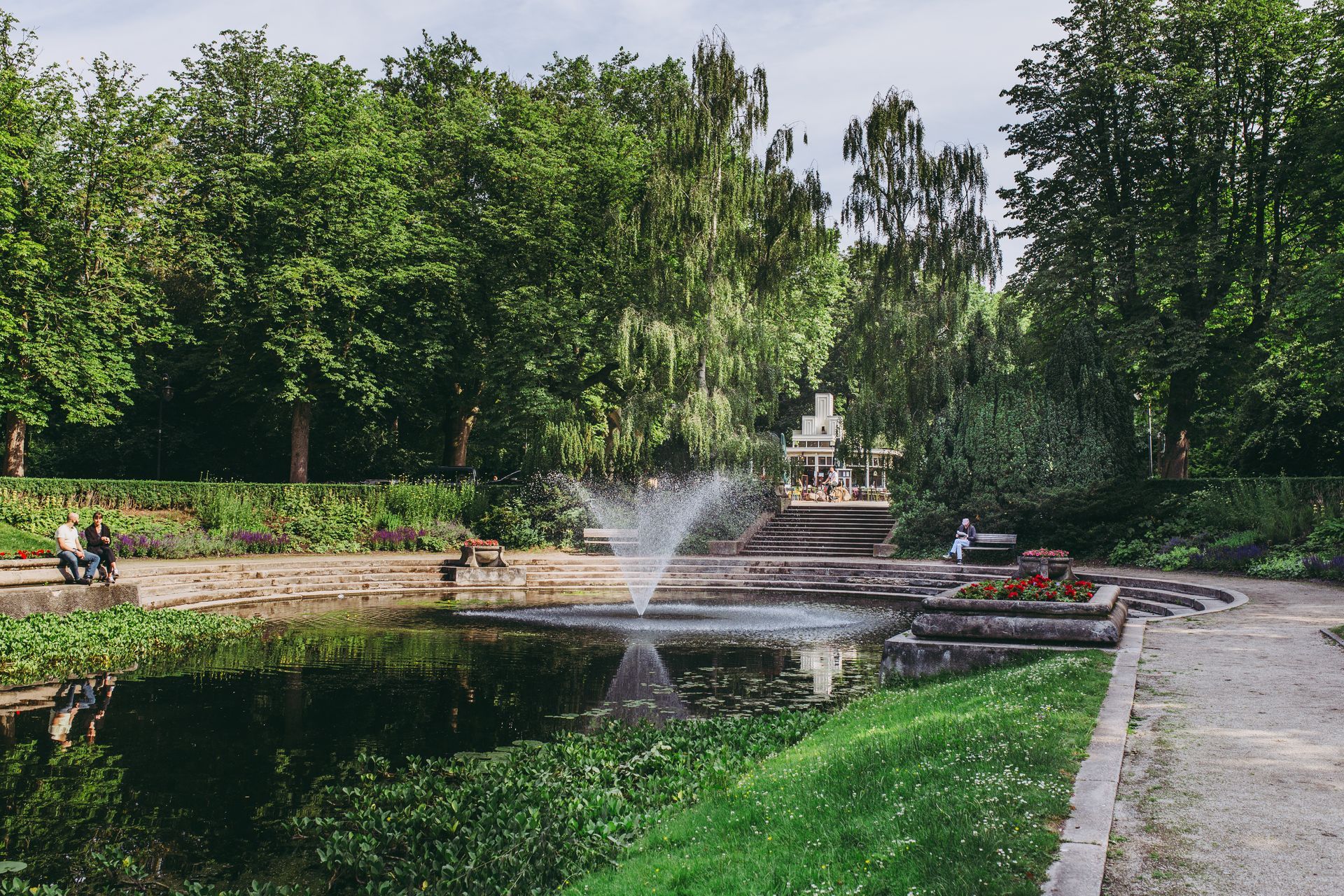 Een fontein spuit water in een vijver in het park Noorderplantsoen, omgeven door bomen en groen.