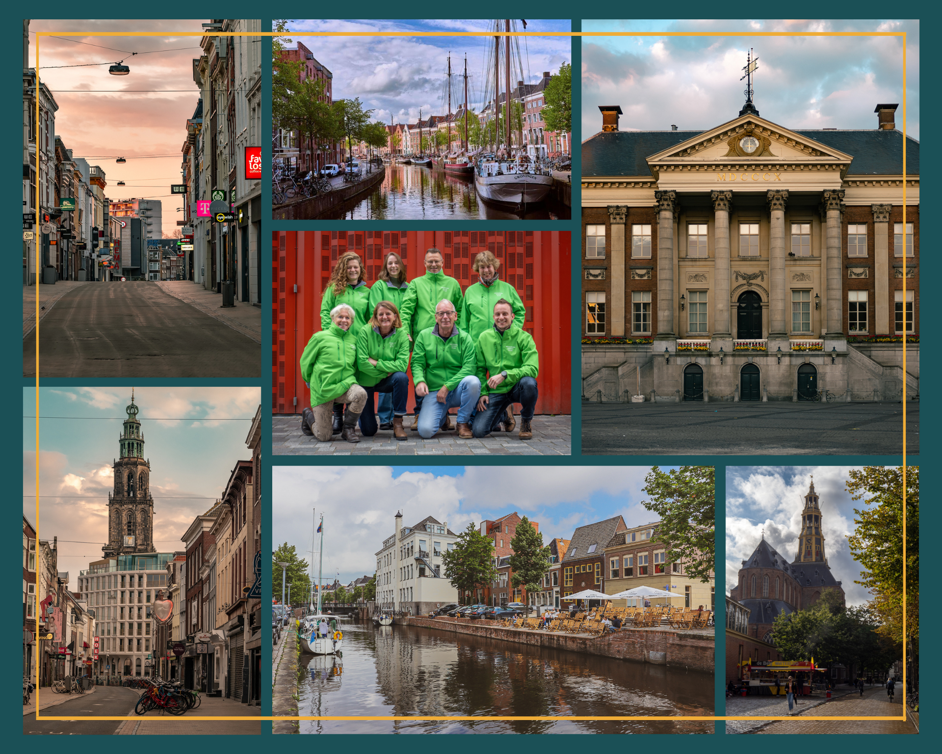 Een groep mensen in groene shirts poseert voor een foto voor een gebouw.