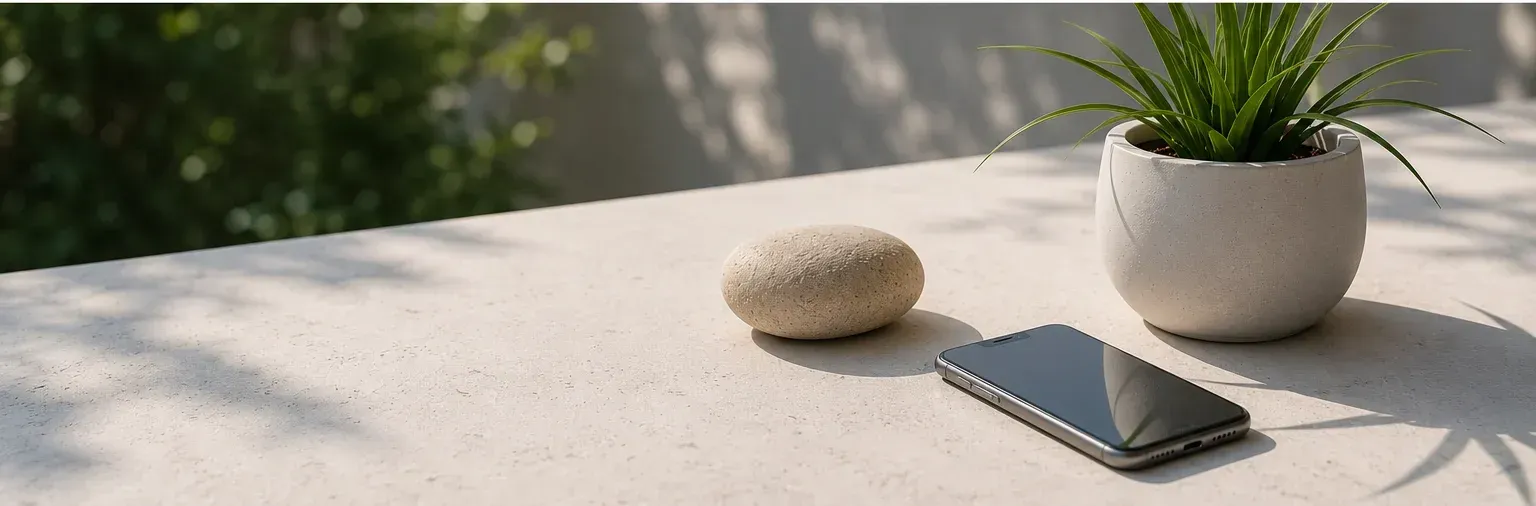 Un teléfono inteligente, una piedra pequeña y una planta en maceta sobre una mesa soleada cerca de una ventana.