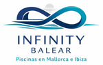 Logotipo de Infinity Balear con s&iacute;mbolo de infinito azul y texto &ldquo;Piscinas en Mallorca e Ibiza&rdquo;.