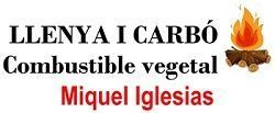 Logotip per a Miquel Iglesias, venda de llenya i carb&oacute;, combustible vegetal, amb icona de foc.