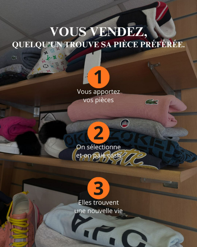 Plusieurs vêtements de marque rangés sur des étagères