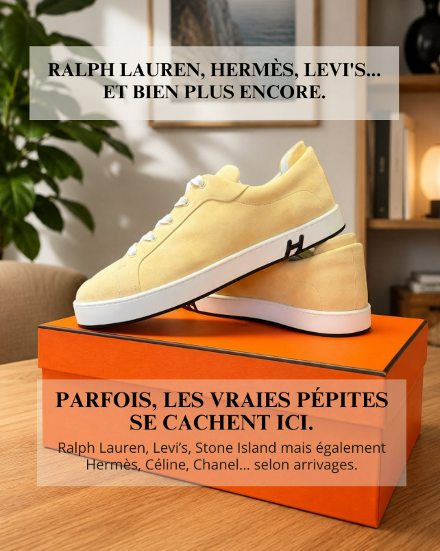 Paire de basket jaune clair Hermès posée sur une boîte orange