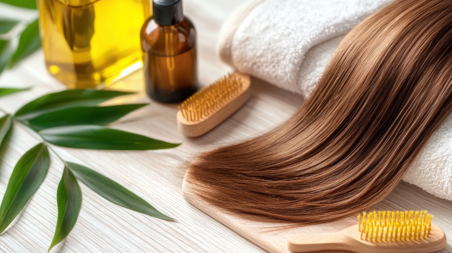 Chevelure blonde entourée de produits de soins et d'une serviette