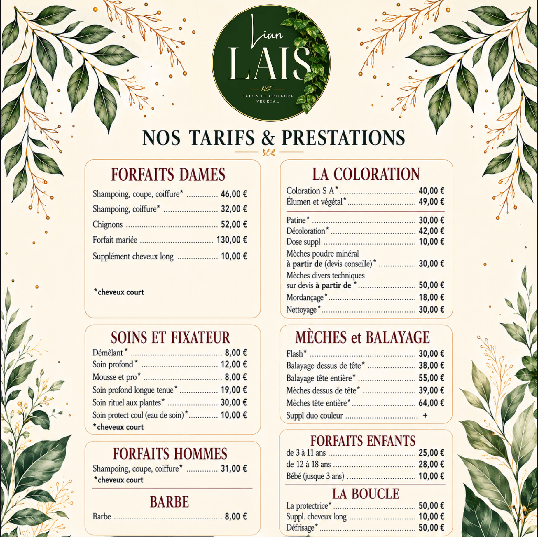 Tarifs 2026 salon de coiffure Lian Lais