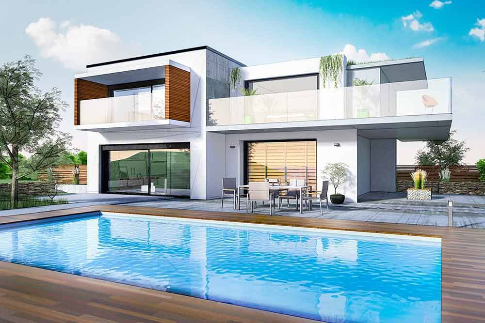 ein modernes Haus mit einem großen Swimmingpool davor .